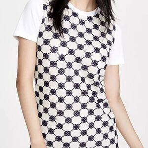 TORY BURCH T-SHIRT DRESS LOGO LACE EMBROIDERY WHITE NAVY SZ US M